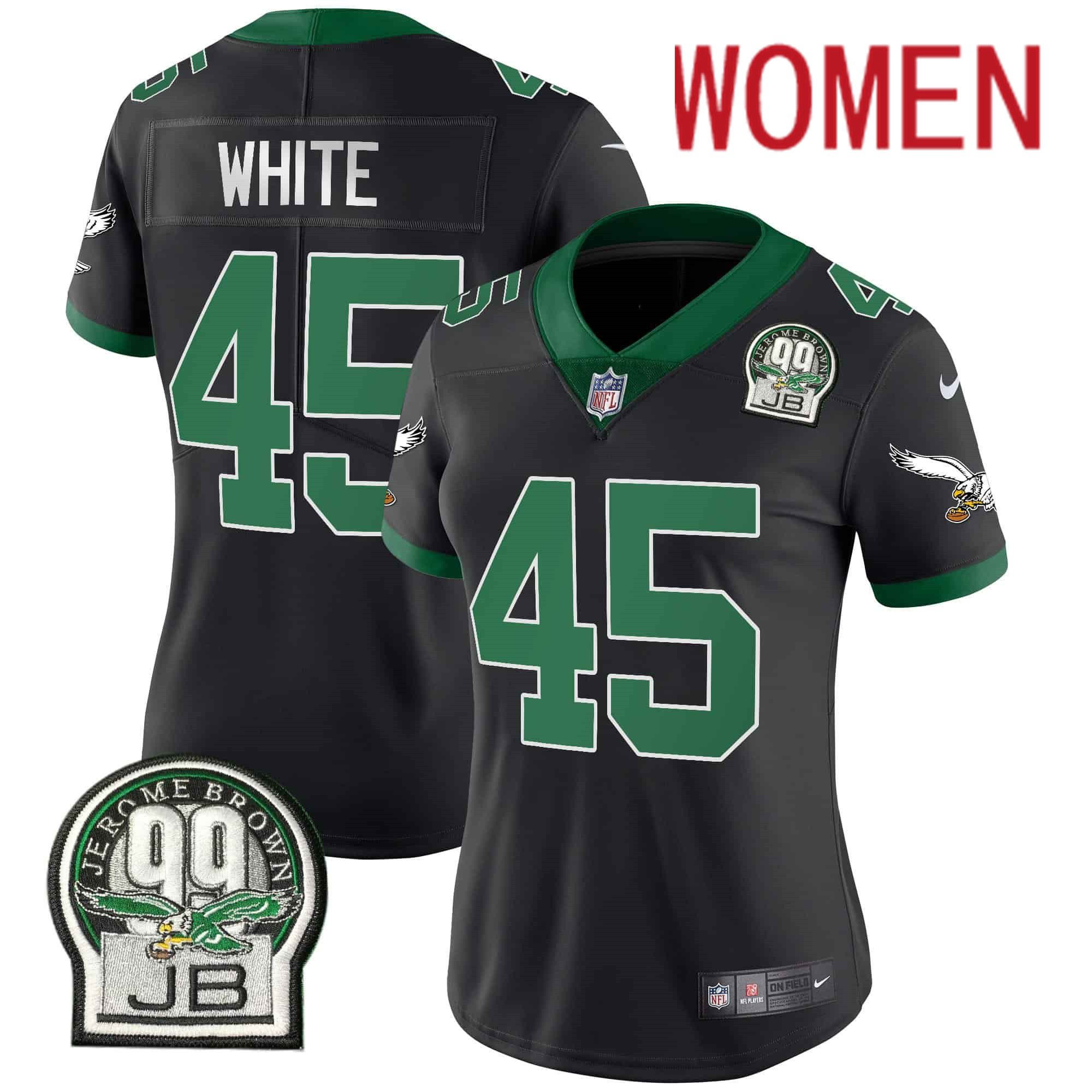 Women Philadelphia Eagles #45 White Black 2024 Nike Jerome Brown Patch Alternate Limited NFL Jersey style 1->women nfl jersey->Women Jersey